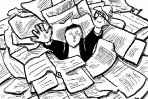 A drawing of someone who appears to be drowning in a pile of newspapers